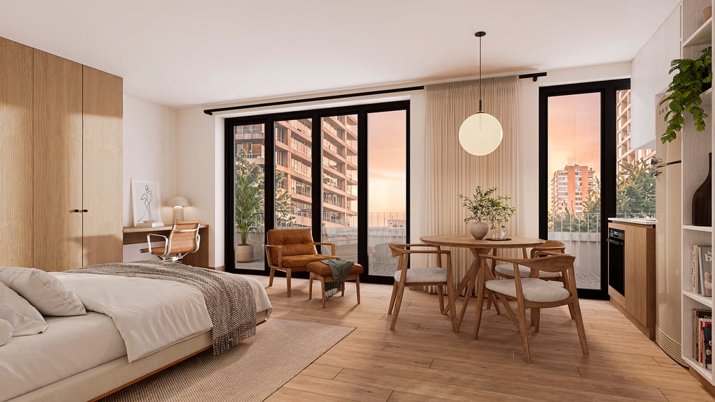 Terraza departamento 403 de Cassa Lucía con vista hacia Santiago